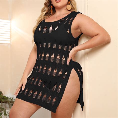 Pitauce Beach Cover Ups For Women Hollow Out Plus Size Beach Bikini Summer Side Split Swimsuit