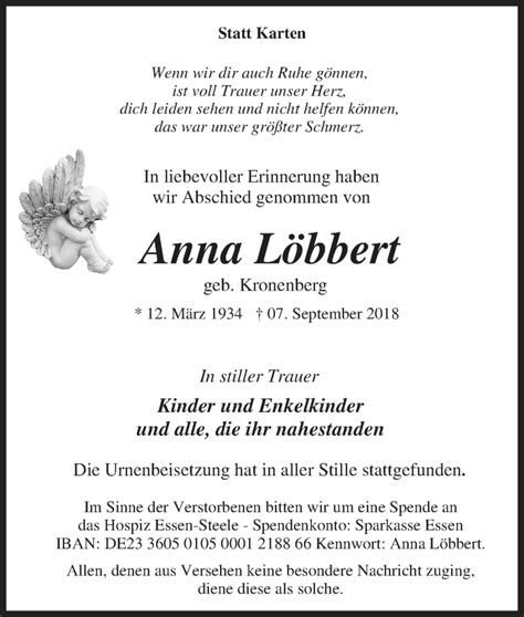 Traueranzeigen Von Anna L Bbert Trauer In Nrw De