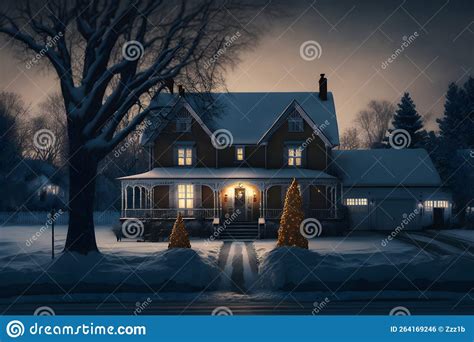 American Suburban Two Story House With Christmas Night Illuminating