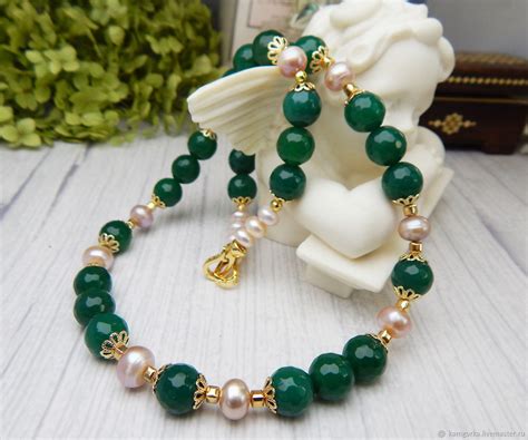 Бусы из хризопраза с жемчугом в золоте, хризопраз натуральный в ...