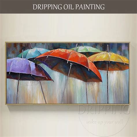 Artist Hand Painted Romantic Rainy Day Colorful Umbrella Oil Painting On Canvas Modern Umbrella