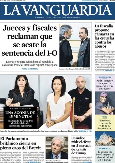 Portada del diario La Vanguardia del día 10 09 2019 News Europa