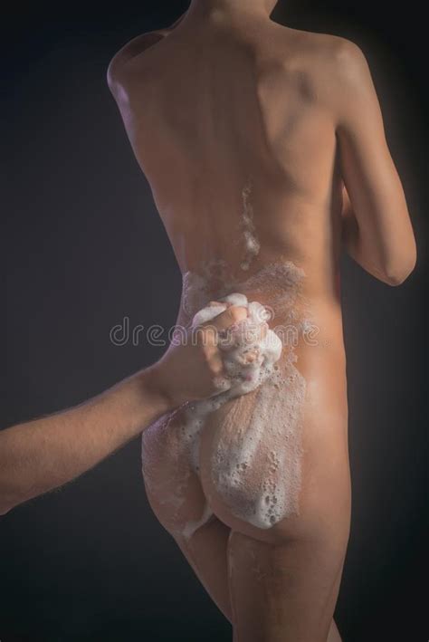 Love Relations In Bath With Foam Girl Body Relax In Shower Man Wash Naked Woman With Wisp In