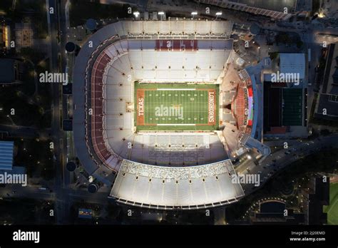 An aerial view of Darrell K Royal-Texas Memorial Stadium on the campus ...