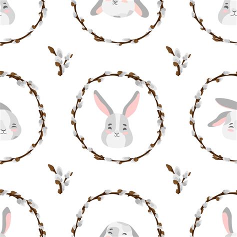 Easter Pussy Willow Wreath And Bunny Seamless Pattern Spring Branches