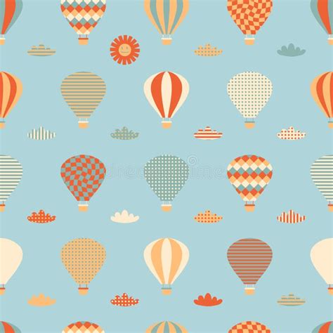 Retro Seamless Pattern With Hot Air Balloons Clouds And Sun Perfect Print For Tee Textile