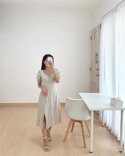 Dress Nude Beige Korea Style Korean Outfit Midi Dress Warna Kulit Polos Abu Dress Panjang Korea