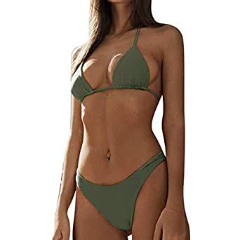 RUUHEE Women Thong Bikini Set Halter String Tie Top Solid Color Two Piece Swimsuits M US Size
