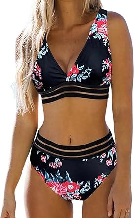 Amazon Hilinker Women S V Neck Floral Bikini Swimsuit Mesh Trim Sexy Piece Bathing Suit