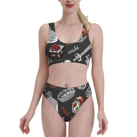 Lukts Women High Waisted Bikini Set Japanese Sushi Hashi Swimsuit Piece Bathing Suit Tummy