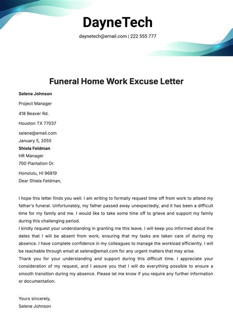 Free Funeral Home Work Excuse Letter Template to Edit Online