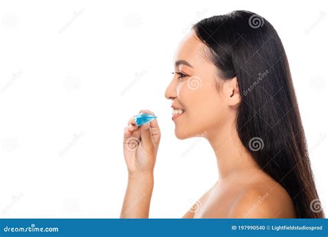View Of Smiling Naked Asian Woman Holding Mouth Guard Isolated On White Stock Photo Image Of
