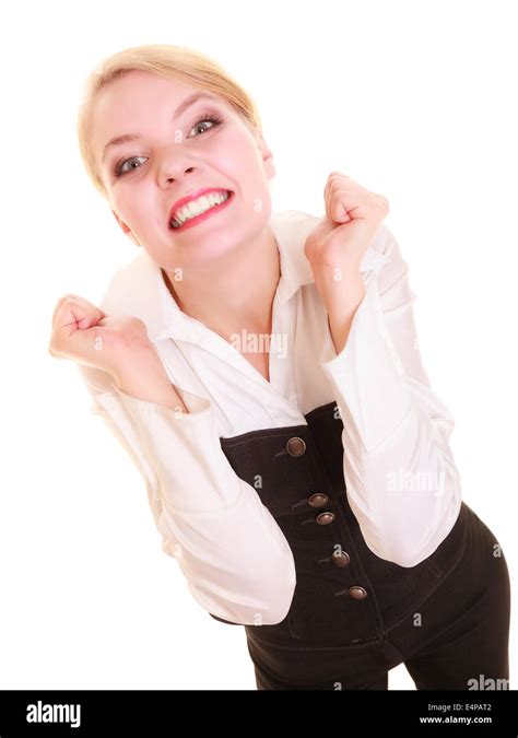 Happy Blonde Businesswoman With Success Hand Sign Business Stock Photo Alamy