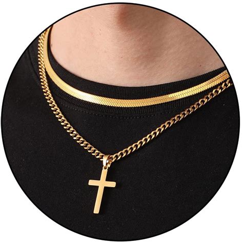 Apsvo Cross Necklace For Men Boys Stainless Steel Layered Cuban Link Herringbone Chain Cross