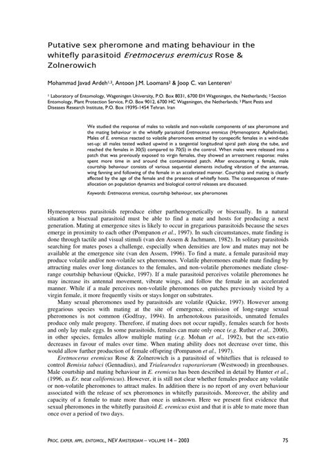 PDF Putative Sex Pheromone And Mating Behaviour In The Whitefly Parasitoid Eretmocerus