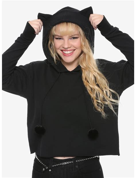 Black Cat Ear Girls Crop Hoodie Hot Topic