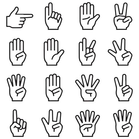 Set of black and white hand gesture icons showing various finger