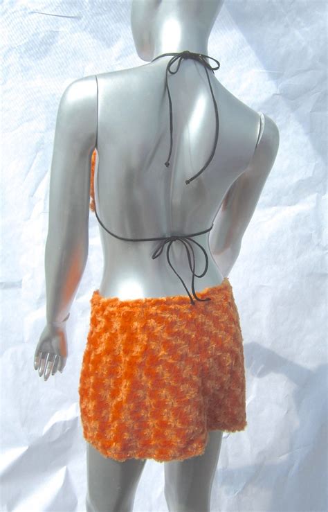 Orange Fur Bikini Tangerine Furkini Faux Fur Orange Bikini Top Mini Skirt Set Festival Rave