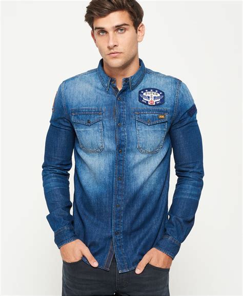 Lyst Superdry Dragway Patch Denim Long Sleeve Shirt In Blue For Men