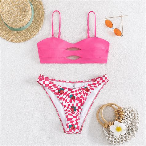 Women Strawberry Swim Dress Print Sexy Pink Holiday Bikini Strawberry Two Piece Swimsuit