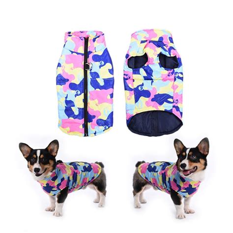 a small dog wearing a blue and pink camo print jacket with matching vests