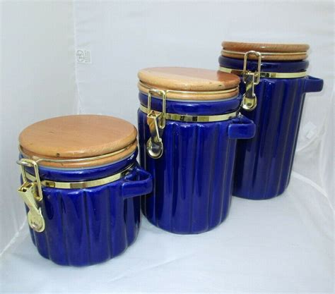 Vintage Cobalt Blue Ceramic Canister Set Flip Lock Bail Snap Seal Wood