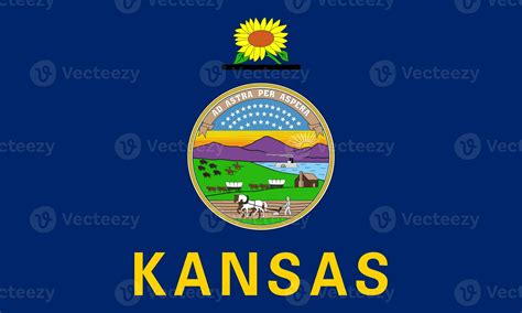 The official current flag and coat of arms of Kansas. State flag of