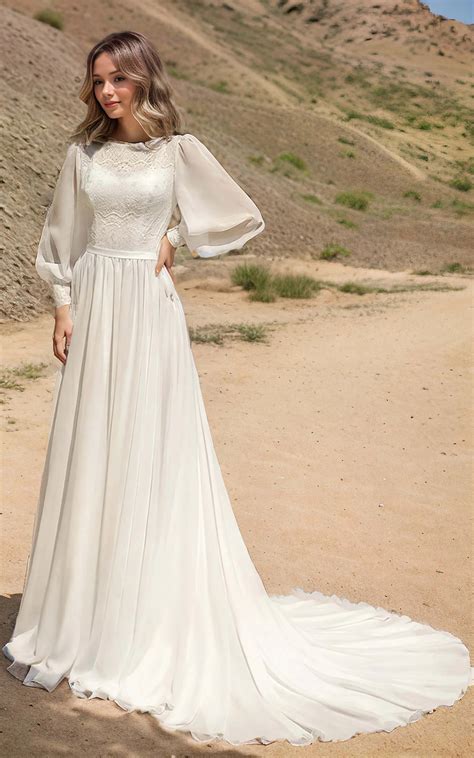 Modest Long Sleeve Casual Rustic A-Line Bateau Neck Wedding Dress Gown
