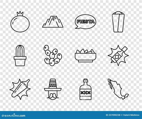 Set Line Hot Chili Pepper Pod Map Of Mexican Fiesta Mexican Man Sombrero Tomato Cactus