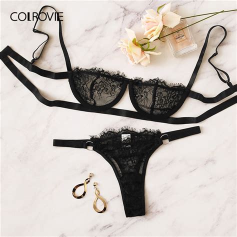 Colrovie Black Floral Lace Lingerie Set Women Intimates Summer Bra And Panty Sexy Sets Female