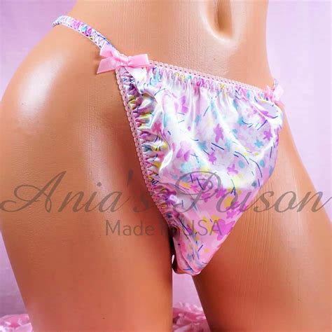 Anias Sissy Satin String Bikini Lilac Summer Floral Shiny Wetlook Men