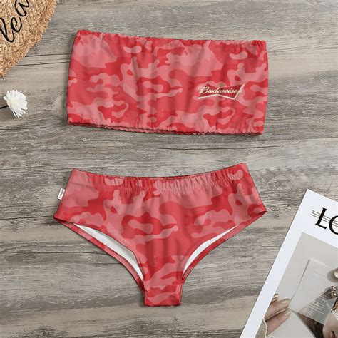 Budweiser Beer Red Camouflage Strapless Bandeau Bikini Swimsuit Afrodom