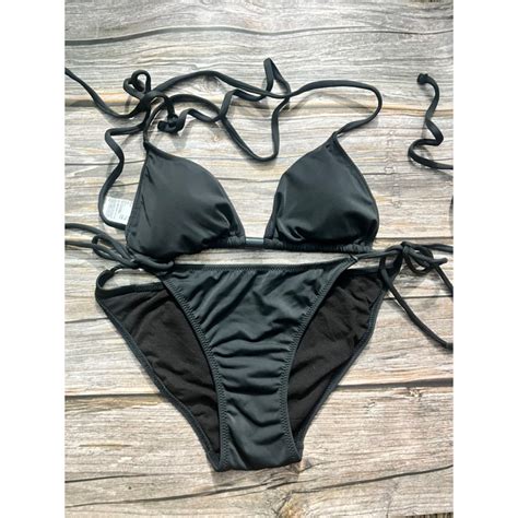 Bikini Set Basic Black One Piece Beach Swimsuit Tie Neck Shopee Malaysia