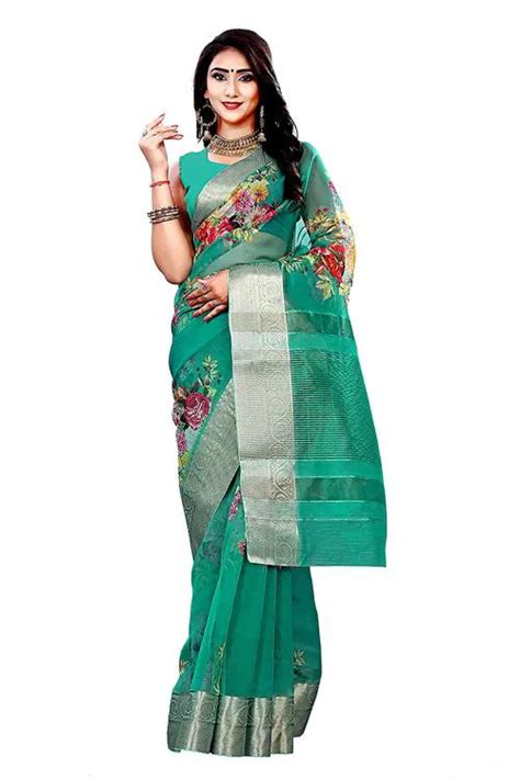 Buy Pyos Women S Green Floral Printed Organza Kanchi Border Jacquard