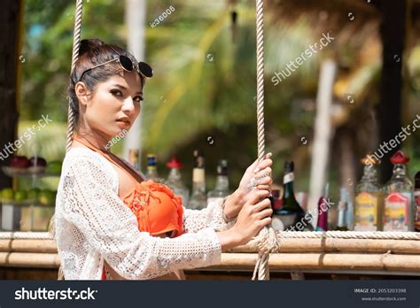 Happy Asian Woman Bikini Relaxing On Stock Photo 2053203398 Shutterstock