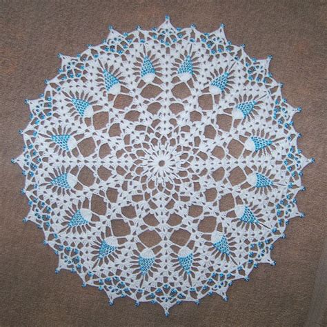 Blue Glass Seed Beaded White Pineapple Doily 13 034 Hand Crocheted New