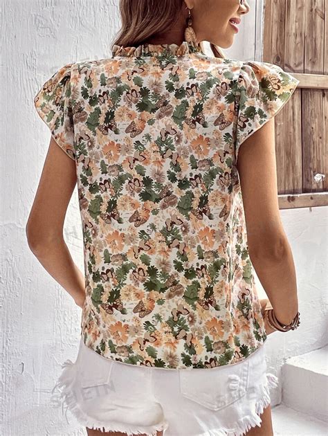 Shein Clasi Blusa Con Estampado Floral De Cuello Notch De Manga