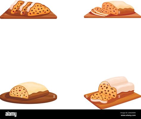 Four illustrations of different bread types presented on wooden cutting