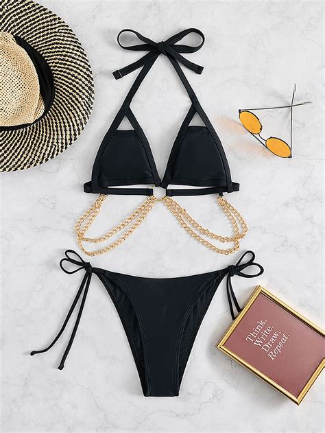 Ring Linked Tie Back Halter Micro Triangle Bikini Swimsuit Shein Usa