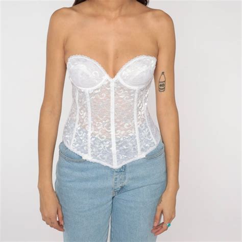 White Lace Corset Top 36a 90s Floral Bustier Lingerie Gem