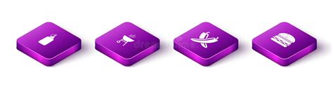 Set Isometric Mustard Bottle Barbecue Grill Crossed Hot Chili Pepper Pod And Burger Icon