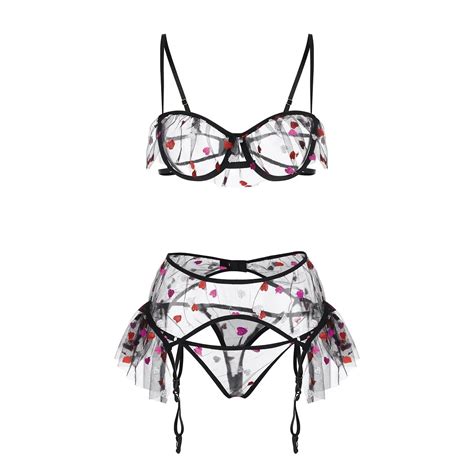 Billionm Embroidery Lingerie Women Sheer See Through Underwear Set Bra G String Suspenders