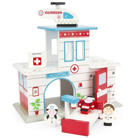 Wooden Hospital With Figures Air Ambulace Childrens Creative Play Set