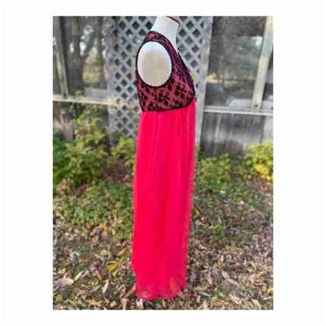 Vintage French Maid Nightgown Maxi Lingerie Red Black Lace Sheer Graceful Lily Vintage