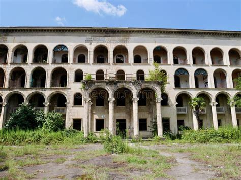Facade Of Abandoned Soviet Sanatorium Iveria In Tskaltubo Georgia