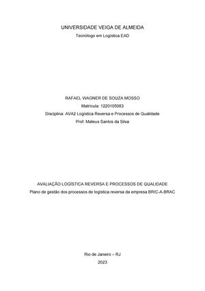 Av2 Logística Reversa e Processos de Qualidade UNIVERSIDADE VEIGA