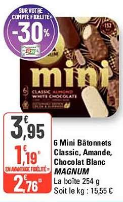 Promo 6 Mini Bâtonnets Classic Amande Chocolat Blanc Magnum chez G20