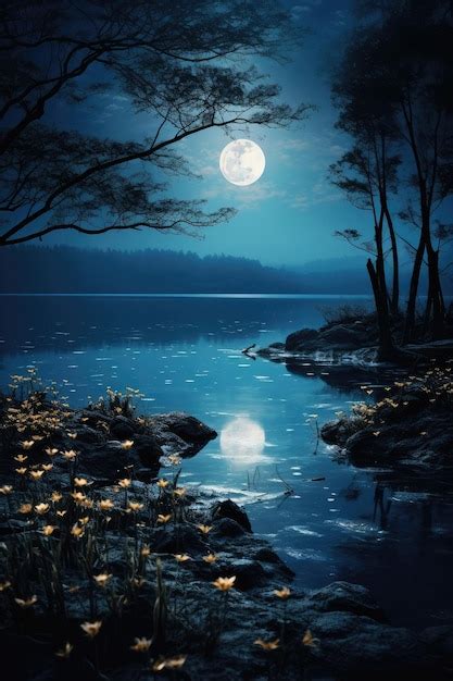 Premium AI Image | Vertical Full moon over the lake and forest at night ...