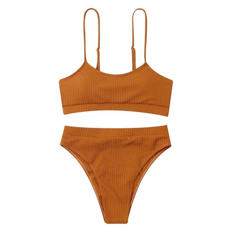 Hfyihgf Women S High Waisted Bikini Ribbed Two Piece Swimsuit High Cut Solid Color Adjustable