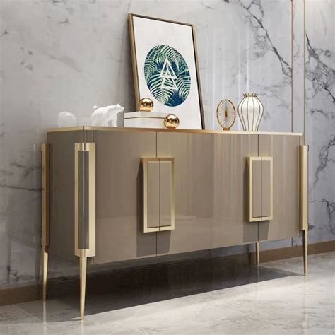 Modern Champagne Sideboard Buffet Tempered Glass Top With Doors